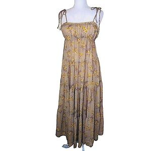 Storia Floral Empire Waist Tiered Midi Dress Feminine Tan Size: Small Milkmaide
